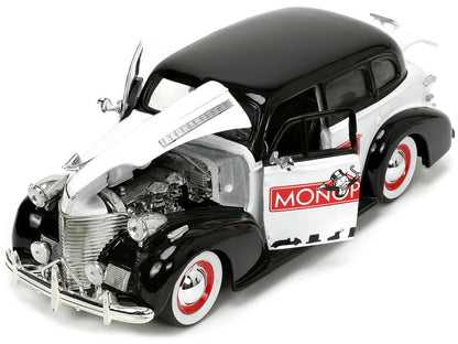 1939 Chevrolet Master Deluxe Black and White "Monopoly" and Mr. Monopoly Diecast Figure "Hollywood Rides" Series 1/24 Diecast Model Car by Jada