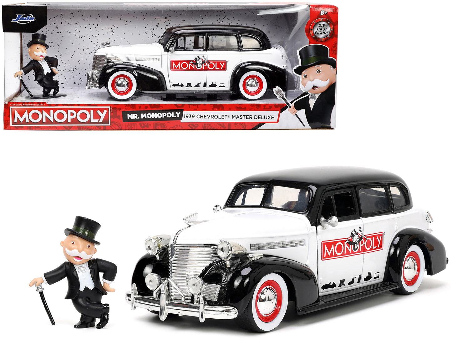 1939 Chevrolet Master Deluxe Black and White "Monopoly" and Mr. Monopoly Diecast Figure "Hollywood Rides" Series 1/24 Diecast Model Car by Jada