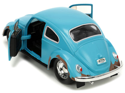 Volkswagen Beetle Matt Blue (Weathered) and Stitch Diecast Figure "Lilo and Stitch" (2002) Movie "Hollywood Rides" Series 1/32 Diecast Model Car by Jada