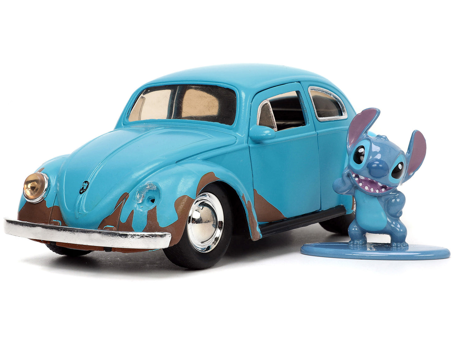 Volkswagen Beetle Matt Blue (Weathered) and Stitch Diecast Figure "Lilo and Stitch" (2002) Movie "Hollywood Rides" Series 1/32 Diecast Model Car by Jada