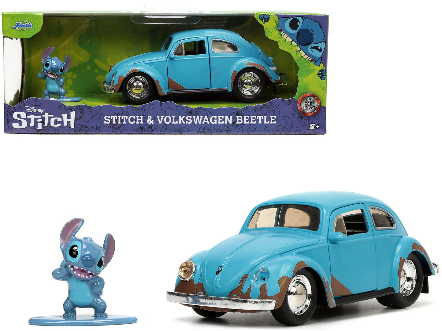 Volkswagen Beetle Matt Blue (Weathered) and Stitch Diecast Figure "Lilo and Stitch" (2002) Movie "Hollywood Rides" Series 1/32 Diecast Model Car by Jada