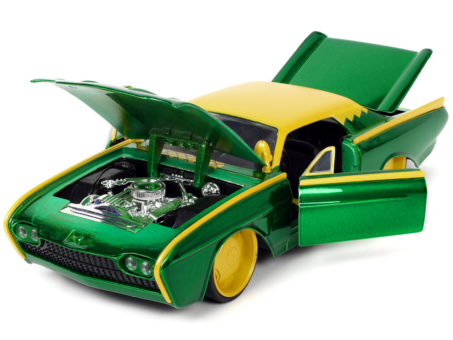 1963 Ford Thunderbird Green and Yellow Metallic with Hood Graphics and Loki Diecast Figure "Loki" "Marvel" Series 1/24 Diecast Model Car by Jada