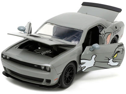 2015 Dodge Challenger Hellcat Gray with "Tom" Graphics and Jerry Diecast Figure "Tom and Jerry" "Hollywood Rides" Series 1/24 Diecast Model Car by Jada