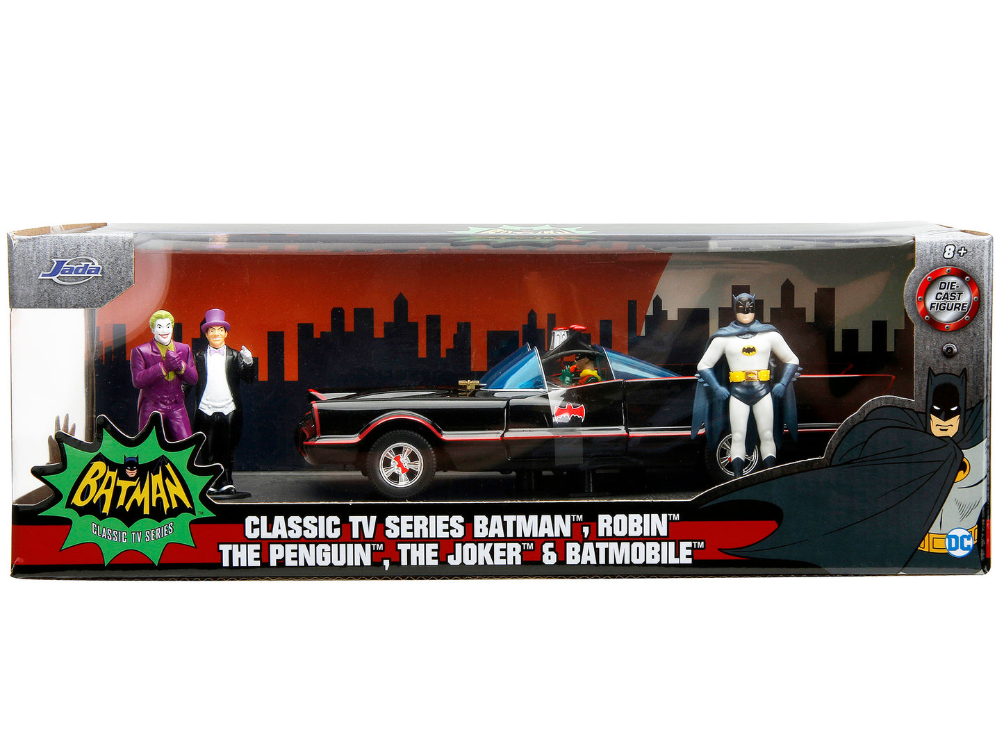 1966 Classic Batmobile with Diecast Batman The Joker The Penguin and Plastic Robin Sitting Inside The Car "Batman" TV Series (1966) "Hollywood Rides" Series 1/24 Diecast Model Car by Jada