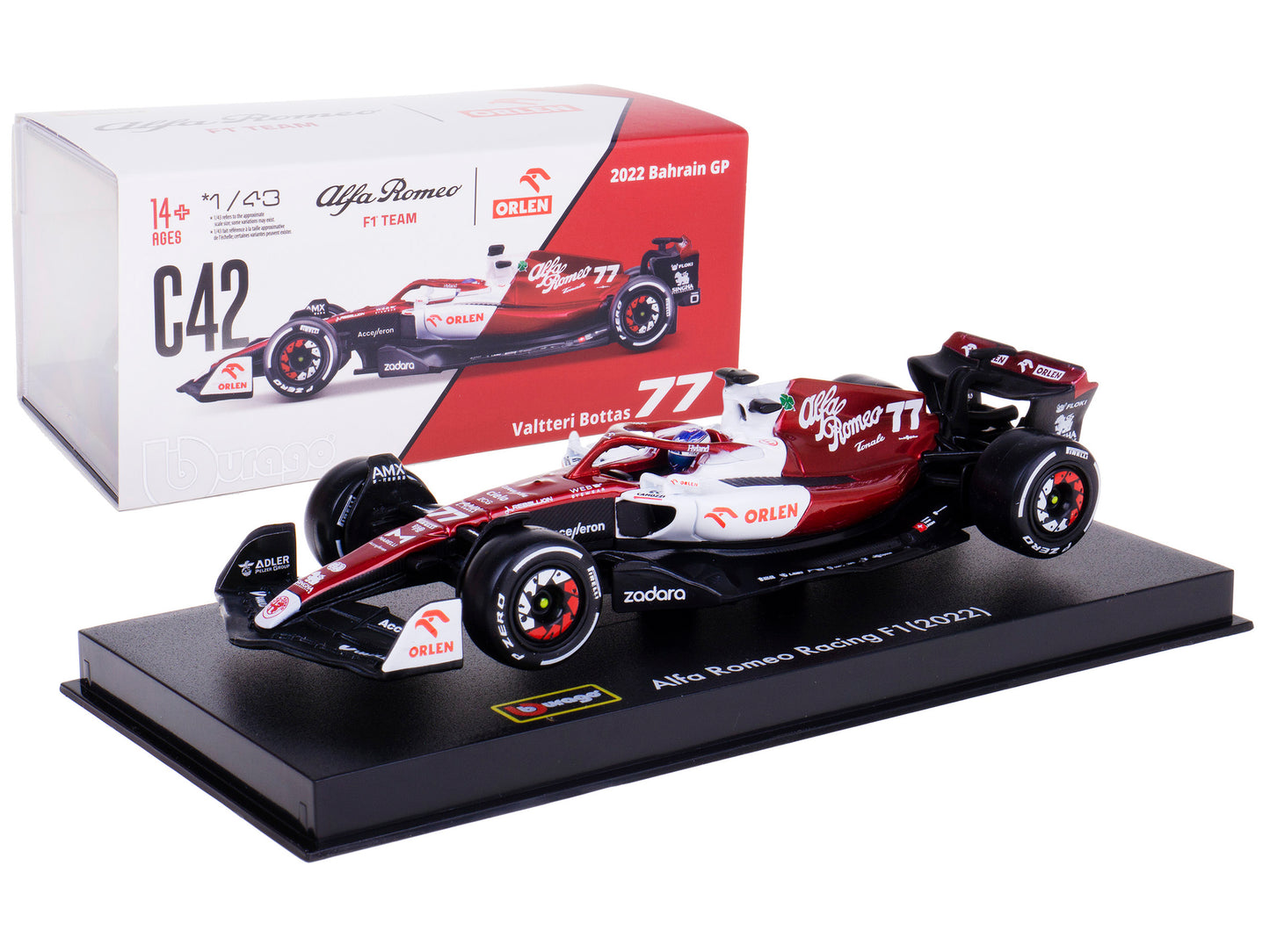 Alfa Romeo C42 #77 Valtteri Bottas F1 Formula One "Bahrain Grand Prix" (2022) with Display Case 1/43 Diecast Model Car by Bburago