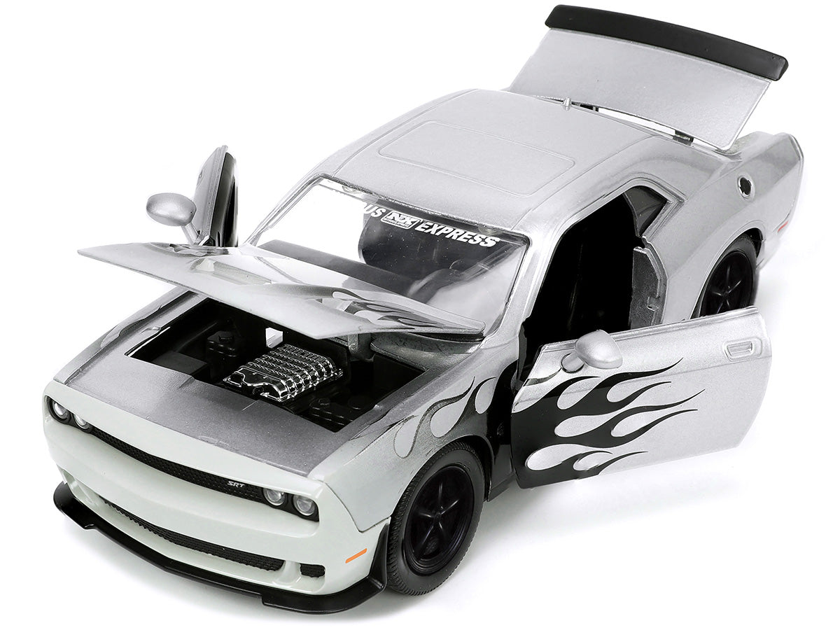 2015 Dodge Challenger SRT Hellcat Silver Metallic with Flames "Nitrous Express" "Bigtime Muscle" Series 1/24 Diecast Model Car by Jada