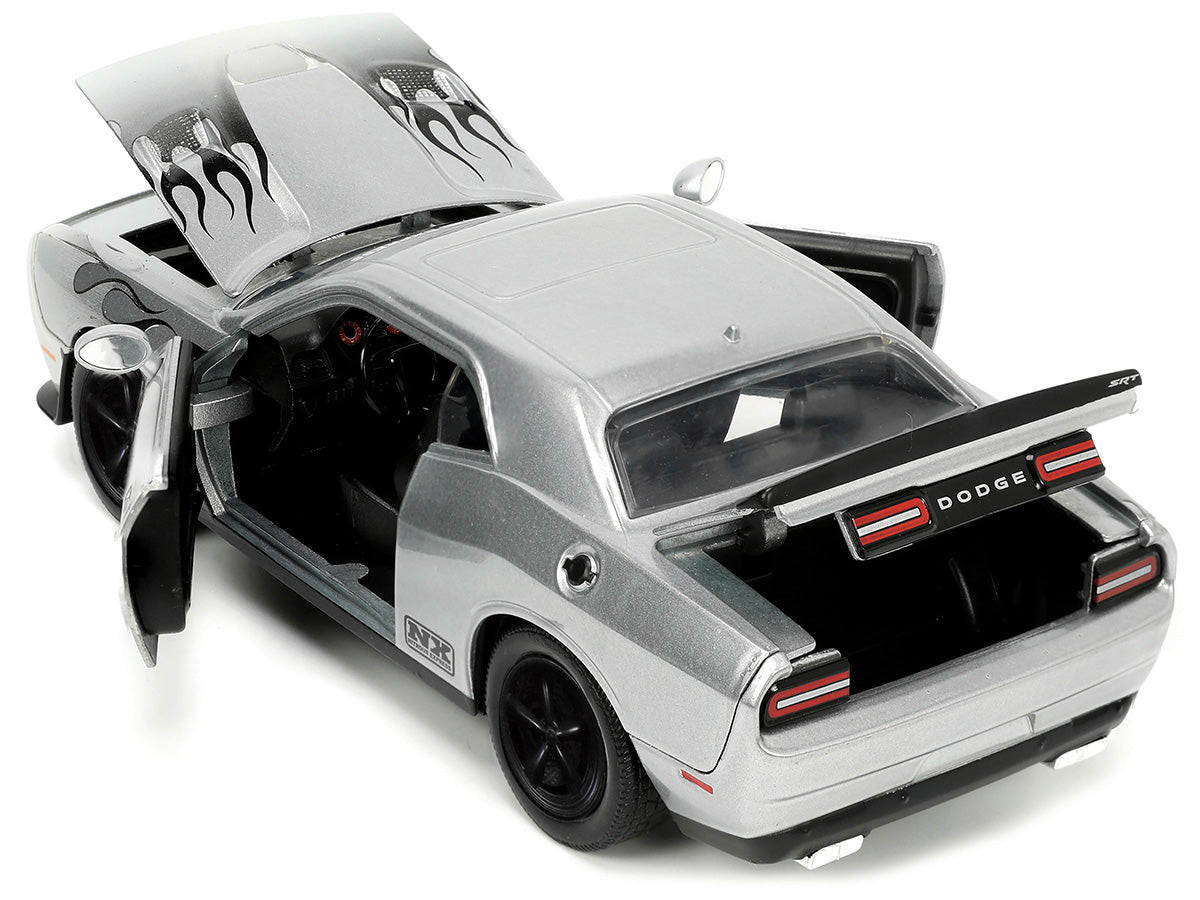 2015 Dodge Challenger SRT Hellcat Silver Metallic with Flames "Nitrous Express" "Bigtime Muscle" Series 1/24 Diecast Model Car by Jada