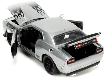 2015 Dodge Challenger SRT Hellcat Silver Metallic with Flames "Nitrous Express" "Bigtime Muscle" Series 1/24 Diecast Model Car by Jada