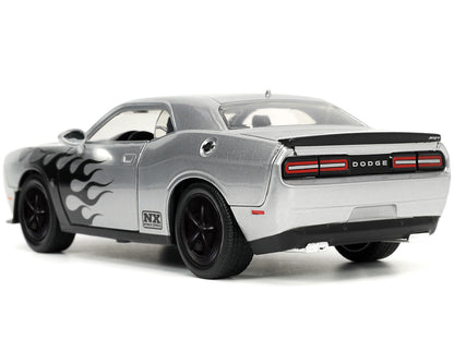 2015 Dodge Challenger SRT Hellcat Silver Metallic with Flames "Nitrous Express" "Bigtime Muscle" Series 1/24 Diecast Model Car by Jada