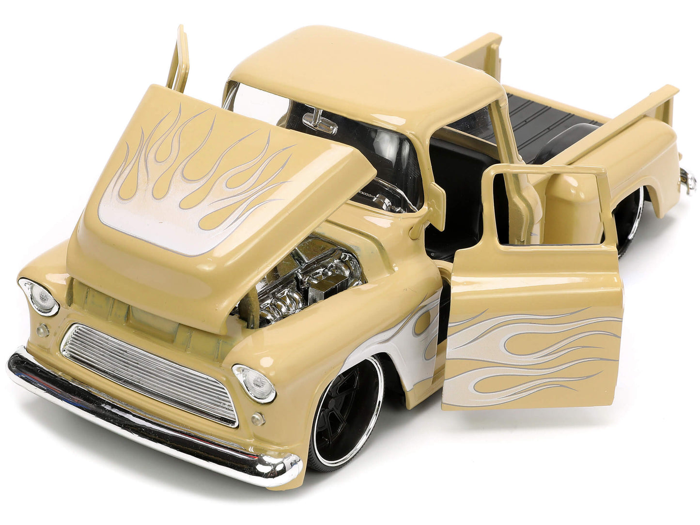 1955 Chevrolet Stepside Pickup Truck Tan with White and Silver Flames with Extra Wheels "Just Trucks" Series 1/24 Diecast Model Car by Jada