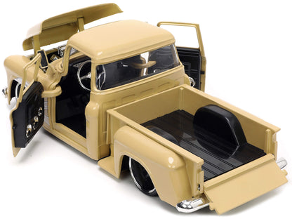 1955 Chevrolet Stepside Pickup Truck Tan with White and Silver Flames with Extra Wheels "Just Trucks" Series 1/24 Diecast Model Car by Jada