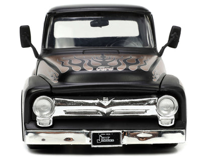 1956 Ford F-100 Pickup Truck Matt Black and Champagne with Flames with Extra Wheels "Just Trucks" Series 1/24 Diecast Model Car by Jada