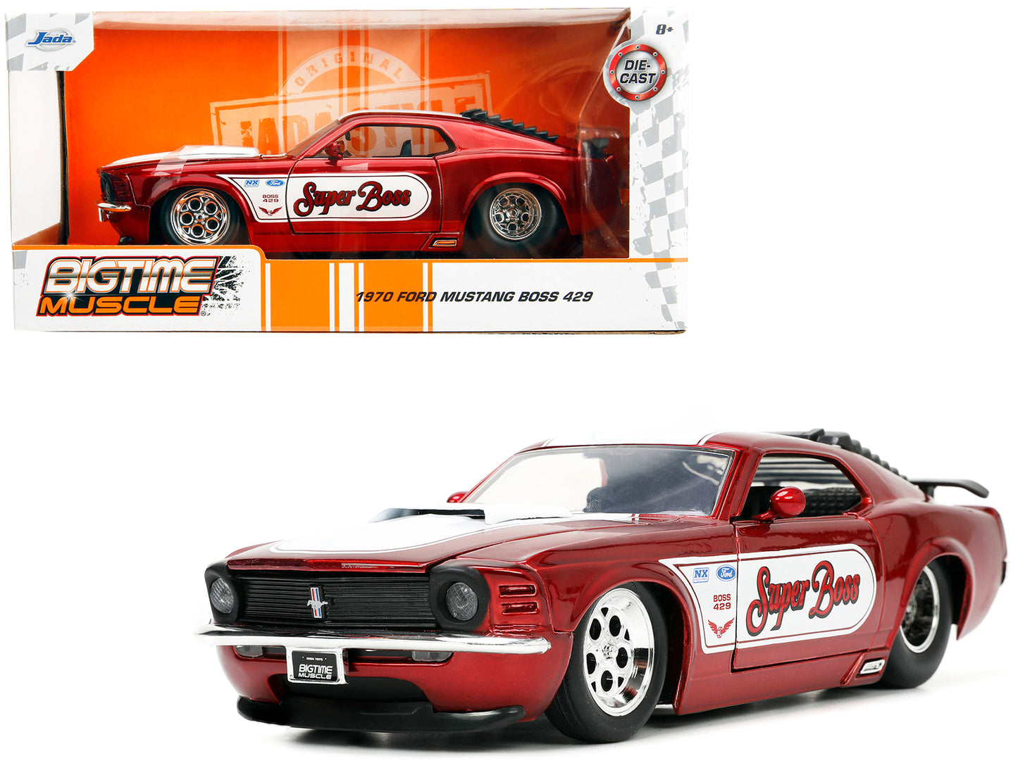 1970 Ford Mustang Boss 429 Candy Red with White Stripes "Super Boss" "Bigtime Muscle" Series 1/24 Diecast Model Car by Jada