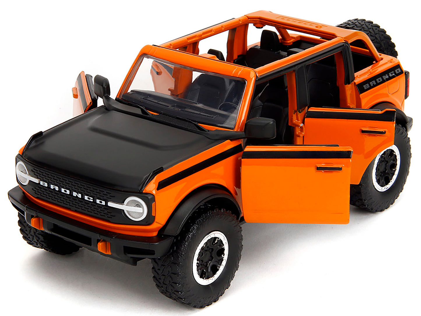 2021 Ford Bronco Open-Top Orange with Black Stripes and Hood with Extra Wheels "Just Trucks" Series 1/24 Diecast Model Car by Jada