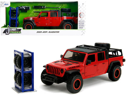 2020 Jeep Gladiator Rubicon Pickup Truck Red with Black Top and Extra Wheels "Just Trucks" Series 1/24 Diecast Model Car by Jada