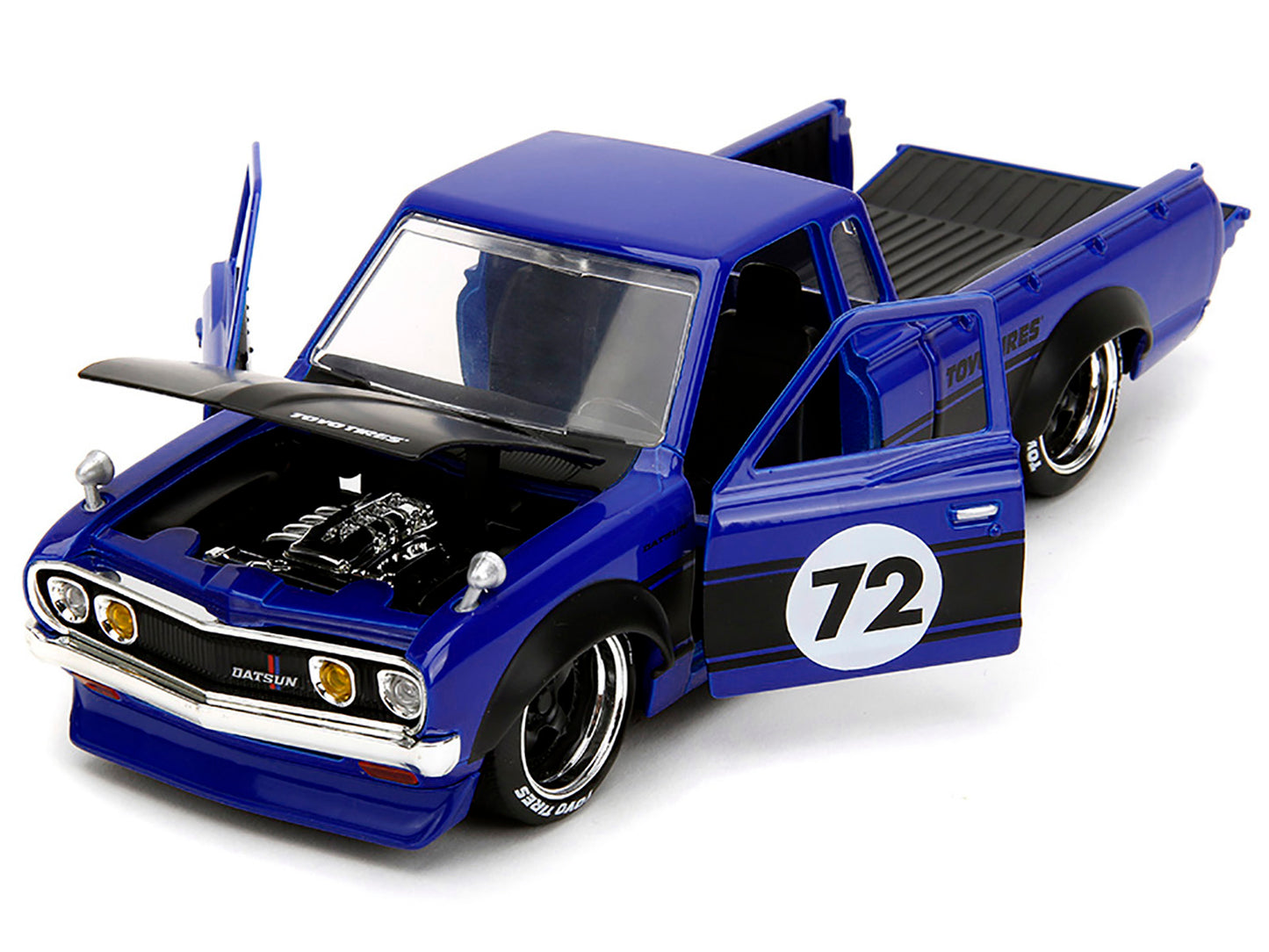 1972 Datsun 620 Pickup Truck #72 Blue Metallic with Black Stripes and Hood "Toyo Tires" with Extra Wheels "Just Trucks" Series 1/24 Diecast Model Car by Jada