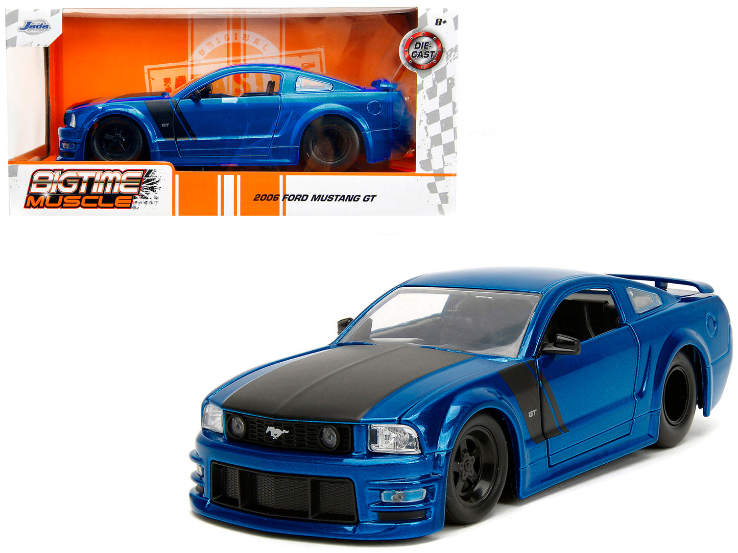 2006 Ford Mustang GT Blue Metallic with Matt Black Hood and Stripes "Bigtime Muscle" Series 1/24 Diecast Model Car by Jada