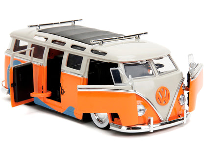 1962 Volkswagen Bus "Santa Monica Surf Club" Orange and White with Graphics with Roof Rack and Surfboard "Punch Buggy" Series 1/24 Diecast Model Car by Jada