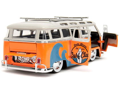 1962 Volkswagen Bus "Santa Monica Surf Club" Orange and White with Graphics with Roof Rack and Surfboard "Punch Buggy" Series 1/24 Diecast Model Car by Jada