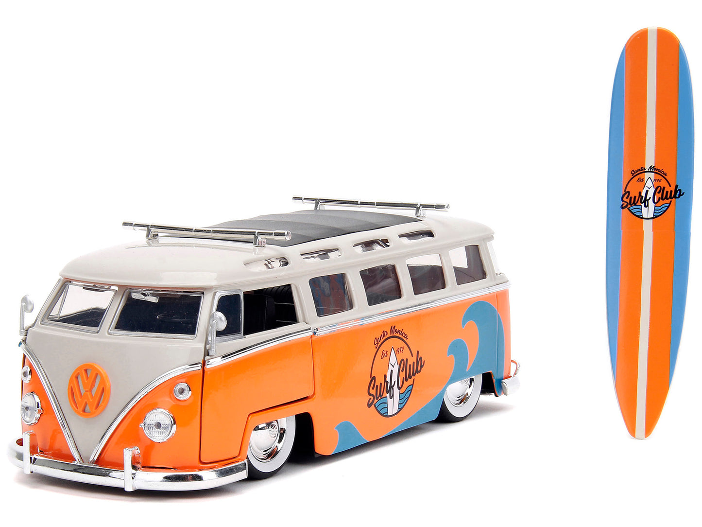 1962 Volkswagen Bus "Santa Monica Surf Club" Orange and White with Graphics with Roof Rack and Surfboard "Punch Buggy" Series 1/24 Diecast Model Car by Jada