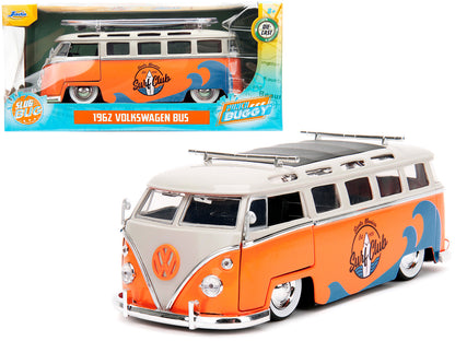 1962 Volkswagen Bus "Santa Monica Surf Club" Orange and White with Graphics with Roof Rack and Surfboard "Punch Buggy" Series 1/24 Diecast Model Car by Jada