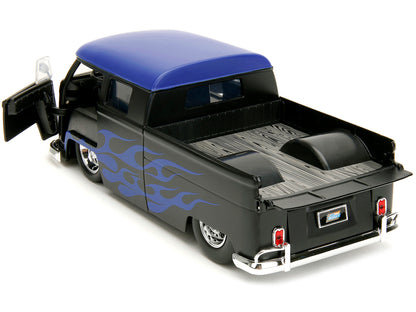 1963 Volkswagen Bus Pickup Truck Matt Black with Matt Blue Top and Flames Graphics "Punch Buggy" Series 1/24 Diecast Model Car by Jada