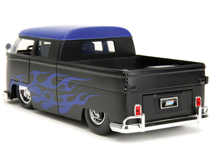 1963 Volkswagen Bus Pickup Truck Matt Black with Matt Blue Top and Flames Graphics "Punch Buggy" Series 1/24 Diecast Model Car by Jada