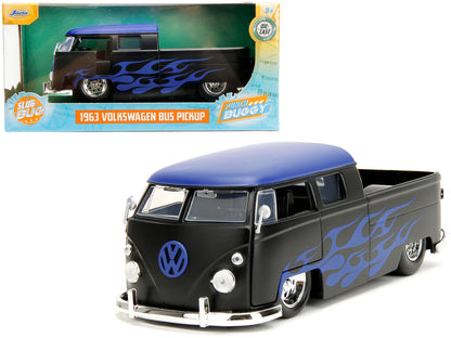 1963 Volkswagen Bus Pickup Truck Matt Black with Matt Blue Top and Flames Graphics "Punch Buggy" Series 1/24 Diecast Model Car by Jada