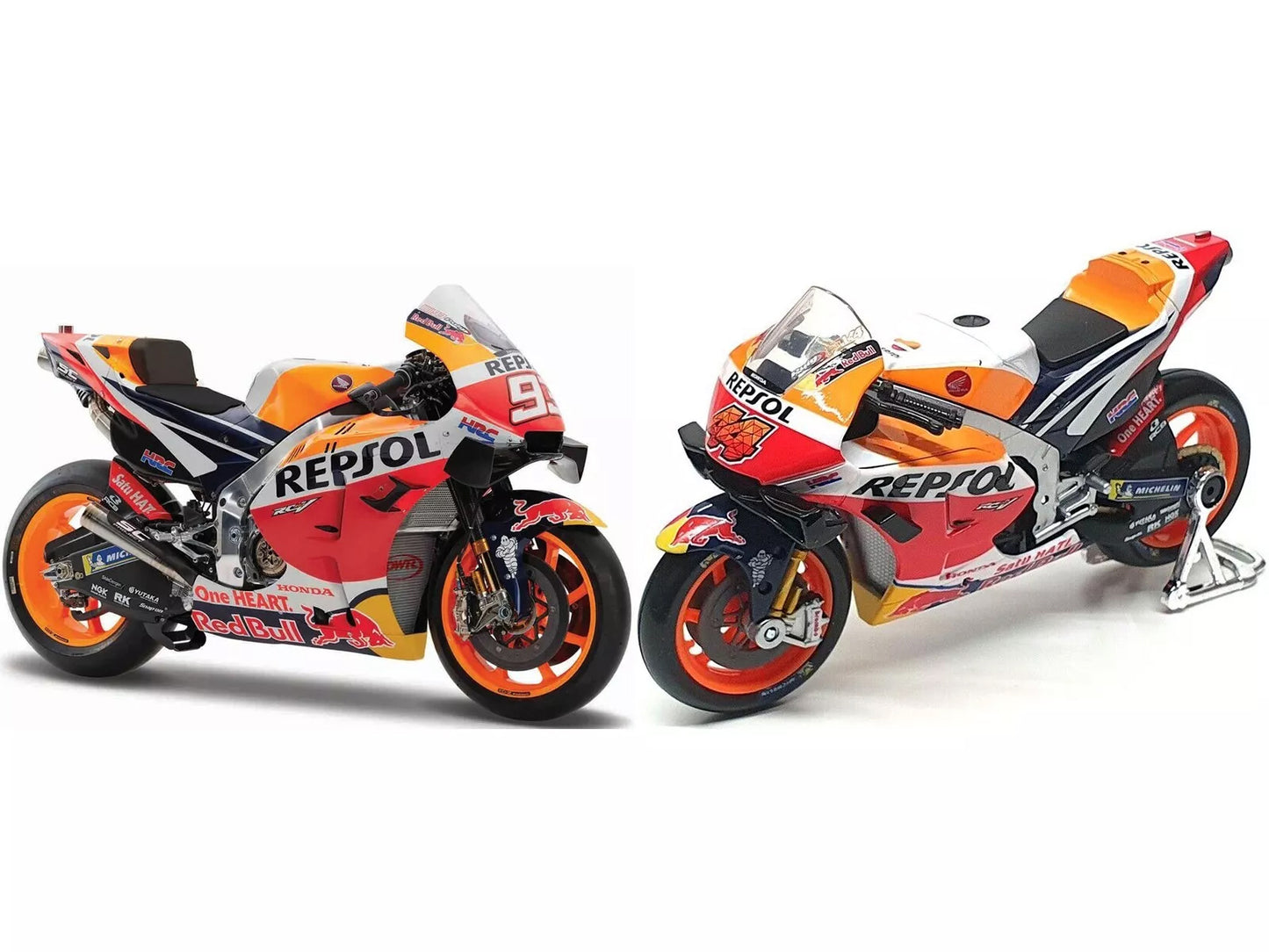 Honda RC213V #44 Pol Espargaro and #93 Marc Marquez "Repsol Honda Team" "MotoGP World Championship" (2021) Set of 2 Motorcycles 1/18 Diecast Models by Maisto