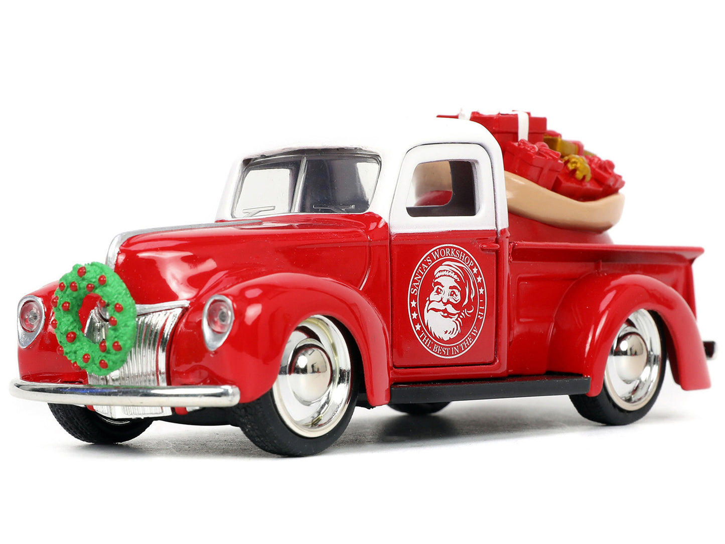 1941 Ford Pickup Truck Red and White "Santa's Workshop" and 1957 Chevrolet Bel Air Red Metallic and White "Express 25" with Mr. and Mrs. Santa Claus Diecast Figures "Holiday Rides" Series 1/32 Diecast Model Cars by Jada