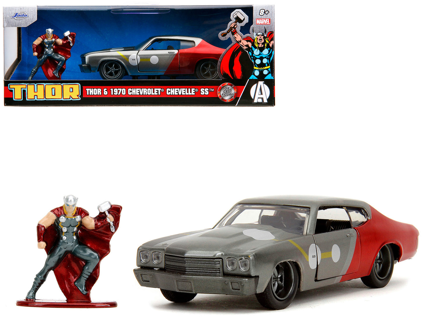 1970 Chevrolet Chevelle SS Gray Metallic and Red Metallic with Black Hood and Thor Diecast Figure "The Avengers" "Hollywood Rides" Series 1/32 Diecast Model Car by Jada