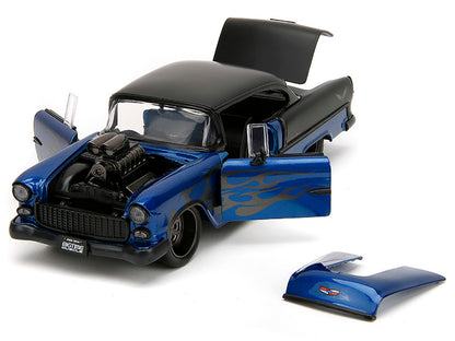 1955 Chevrolet Bel Air Blue Metallic and Black with Black Flames "Bigtime Muscle" Series 1/24 Diecast Model Car by Jada