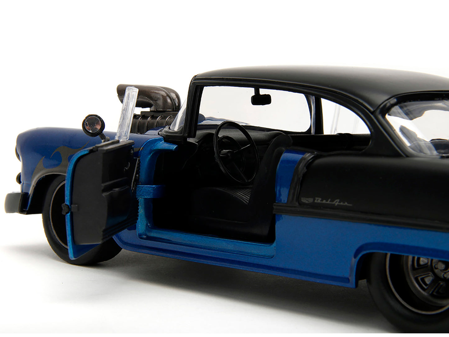 1955 Chevrolet Bel Air Blue Metallic and Black with Black Flames "Bigtime Muscle" Series 1/24 Diecast Model Car by Jada