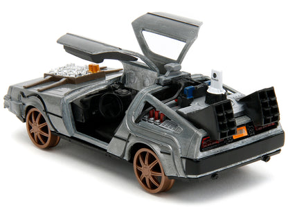 DeLorean DMC (Time Machine) Brushed Metal Train Wheel Version "Back to the Future Part III" (1990) Movie "Hollywood Rides" Series 1/32 Diecast Model Car by Jada