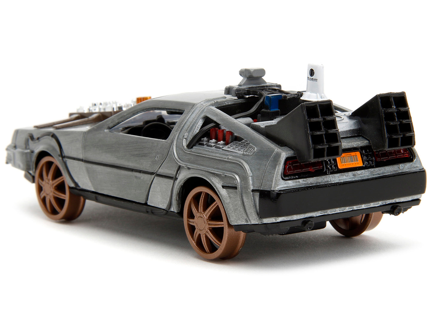 DeLorean DMC (Time Machine) Brushed Metal Train Wheel Version "Back to the Future Part III" (1990) Movie "Hollywood Rides" Series 1/32 Diecast Model Car by Jada