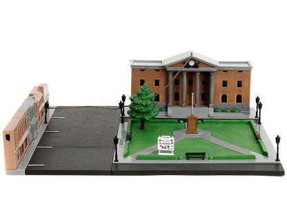 Hill Valley Courthouse Diorama with Black Pickup Truck and Delorean "Back to the Future" (1985) Movie "Nano Scene" Series Model by Jada