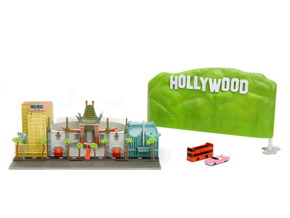 "Hollywood 100" Walk of Fame Diorama with Pink Convertible and Double-Decker Bus "Nano Scene" Series model by Jada