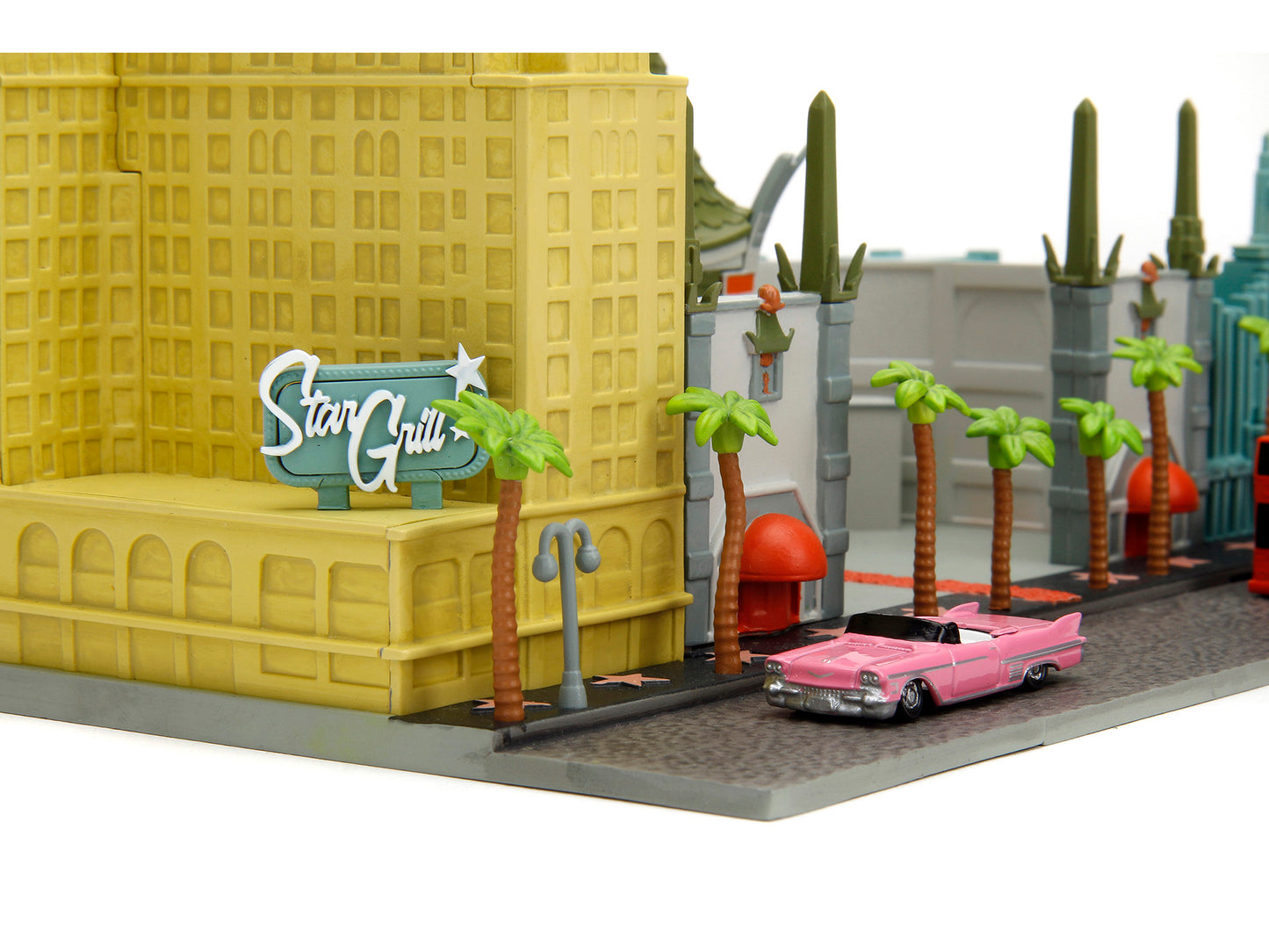 "Hollywood 100" Walk of Fame Diorama with Pink Convertible and Double-Decker Bus "Nano Scene" Series model by Jada