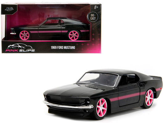 1969 Ford Mustang Black Metallic with Pink Stripes and Wheels "Pink Slips" Series 1/32 Diecast Model Car by Jada