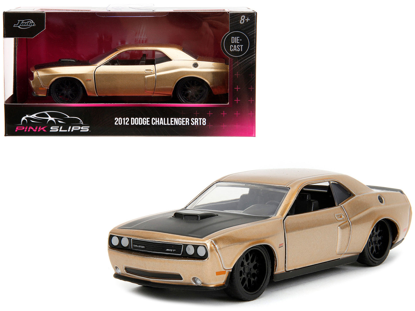 2012 Dodge Challenger SRT8 Gold Metallic with Black Hood "Pink Slips" Series 1/32 Diecast Model Car by Jada