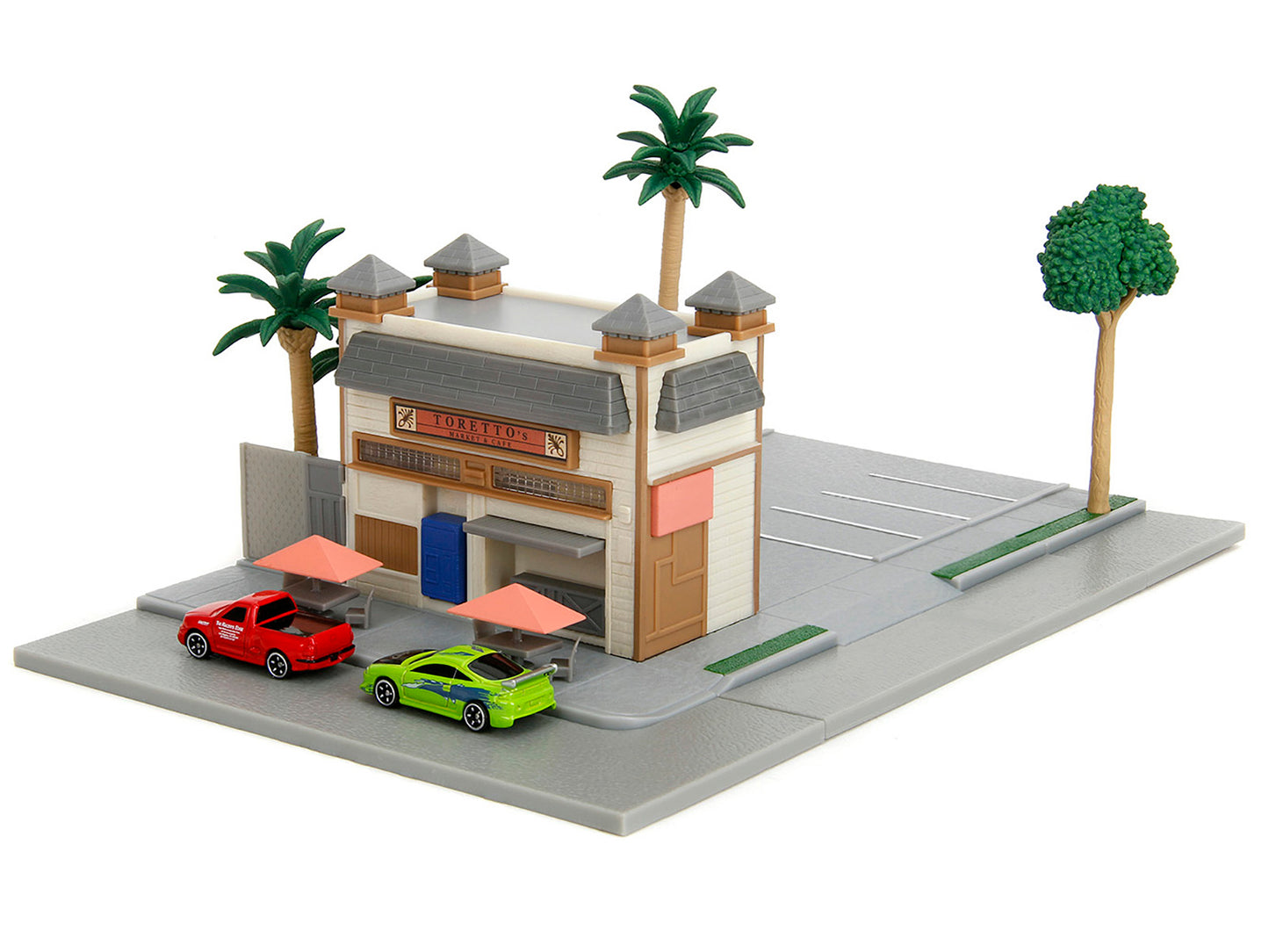 Toretto Cafe Diorama with Mitsubishi Eclipse Green and Ford F-150 SVT Lightning Red "Fast and Furious" "Nano Scene" Series Model by Jada