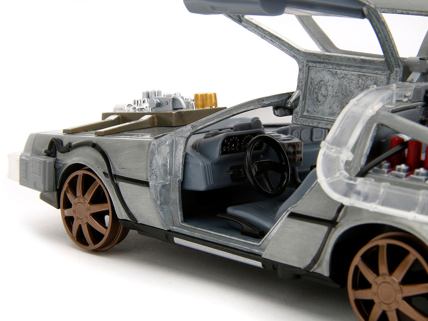 DeLorean Brushed Metal Time Machine (Train Wheel Version) with Lights "Back to the Future Part III" (1990) Movie "Hollywood Rides" Series 1/24 Diecast Model Car by Jada