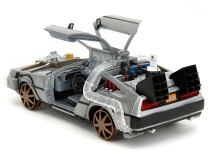 DeLorean Brushed Metal Time Machine (Train Wheel Version) with Lights "Back to the Future Part III" (1990) Movie "Hollywood Rides" Series 1/24 Diecast Model Car by Jada