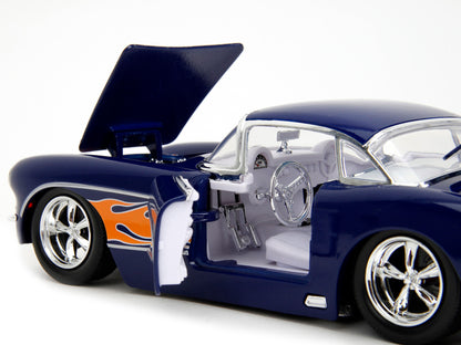 1957 Chevrolet Corvette Dark Blue with Flame Graphics and White Interior "Bigtime Muscle" Series 1/24 Diecast Model Car by Jada