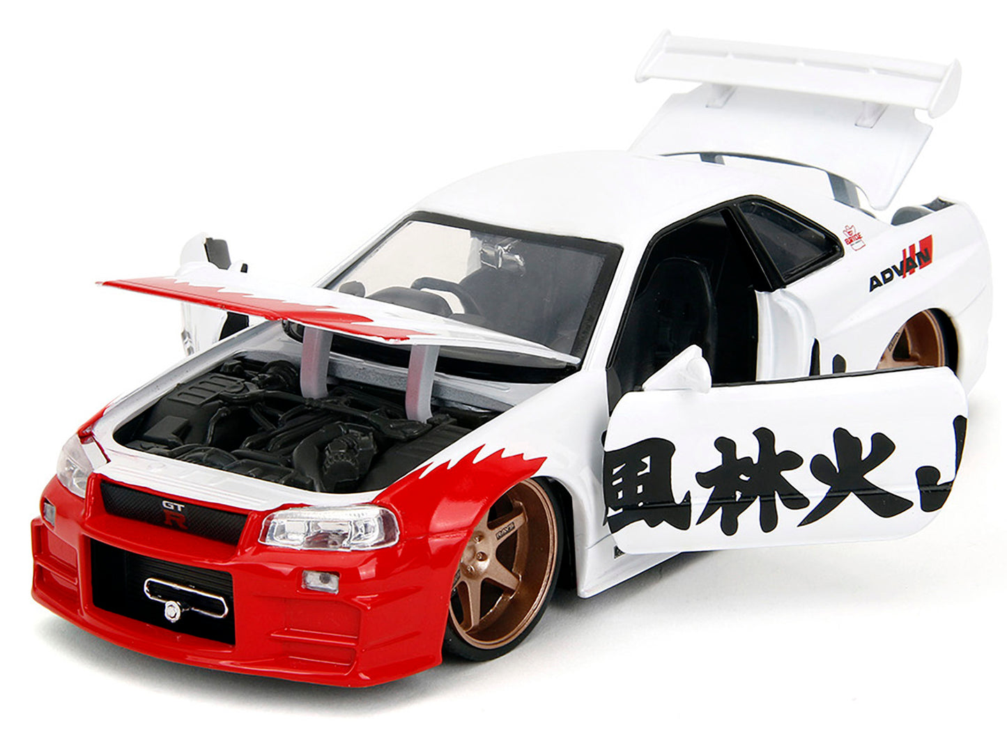 2002 Nissan Skyline GT-R (R34) RHD (Right Hand Drive) White with Red Graphics and Ryu Diecast Figure "Street Fighter" Video Game "Anime Hollywood Rides" Series 1/24 Diecast Model Car by Jada