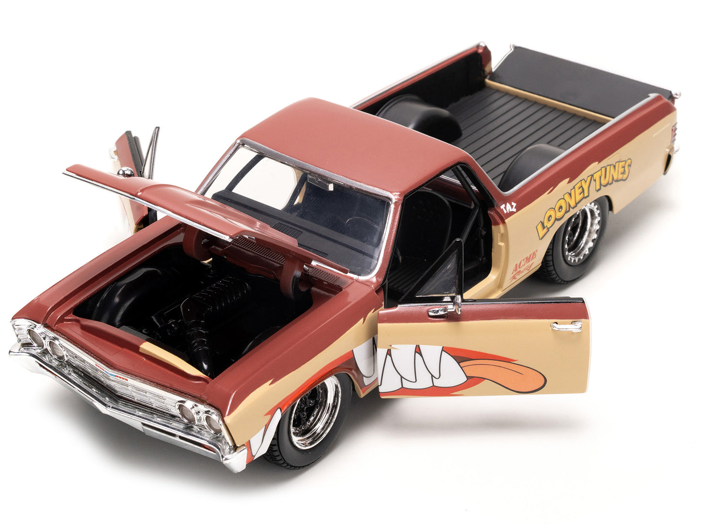 1967 Chevrolet El Camino Brown and Beige with Graphics and Tasmanian Devil (Taz) Diecast Figure "Looney Tunes" "Hollywood Rides" Series 1/24 Diecast Model Car by Jada