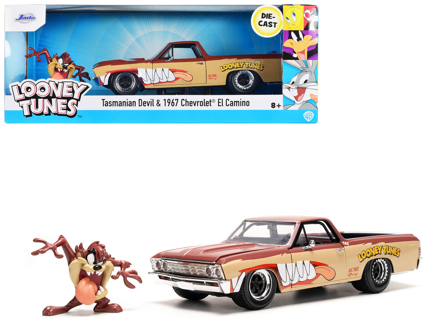 1967 Chevrolet El Camino Brown and Beige with Graphics and Tasmanian Devil (Taz) Diecast Figure "Looney Tunes" "Hollywood Rides" Series 1/24 Diecast Model Car by Jada