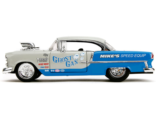 1955 Chevrolet Bel Air "Ghost Gas - Mike's Speed Equip" Light Gray and Blue "Bigtime Muscle" Series 1/24 Diecast Model Car by Jada