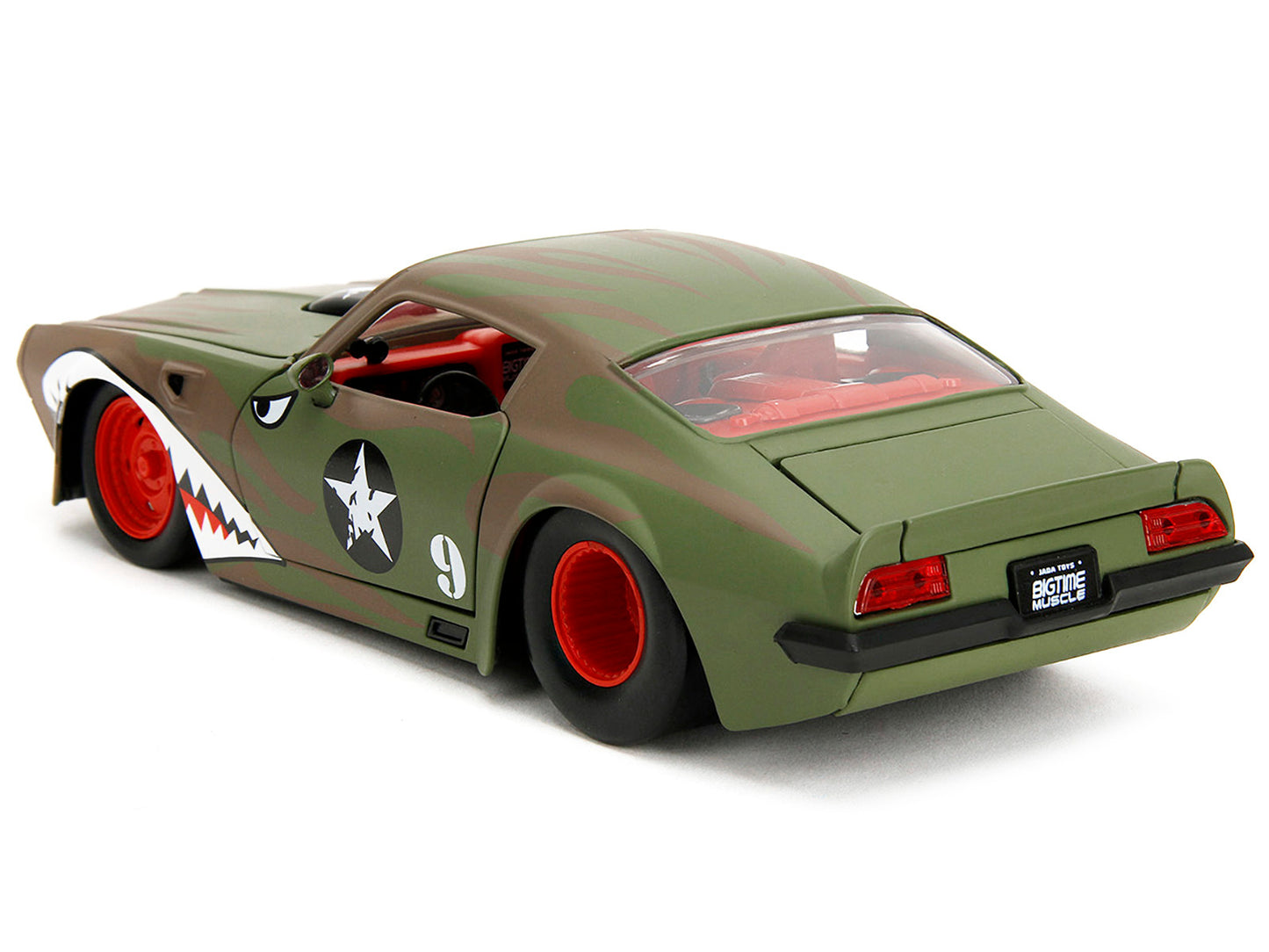 1972 Pontiac Firebird #9 Green Camouflage Flames with Graphics and Red Interior "Bigtime Muscle" Series 1/24 Diecast Model Car by Jada