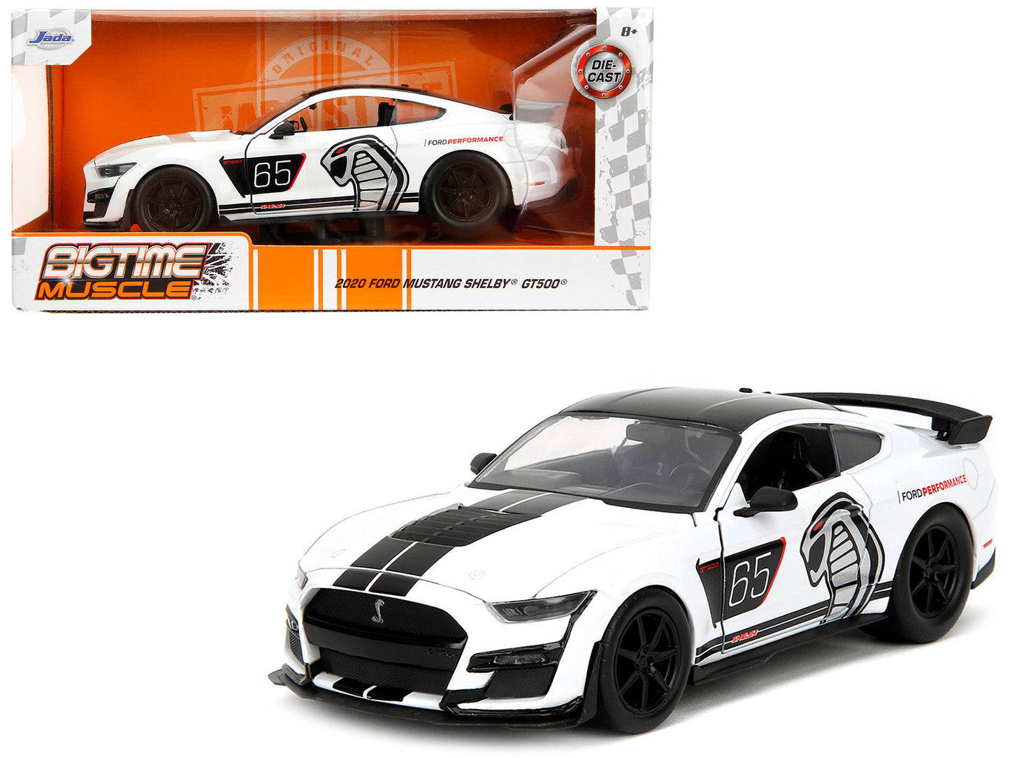 2020 Ford Mustang Shelby GT500 #65 White with Black Top and Stripes "Ford Performance" "Bigtime Muscle" Series 1/24 Diecast Model Car by Jada